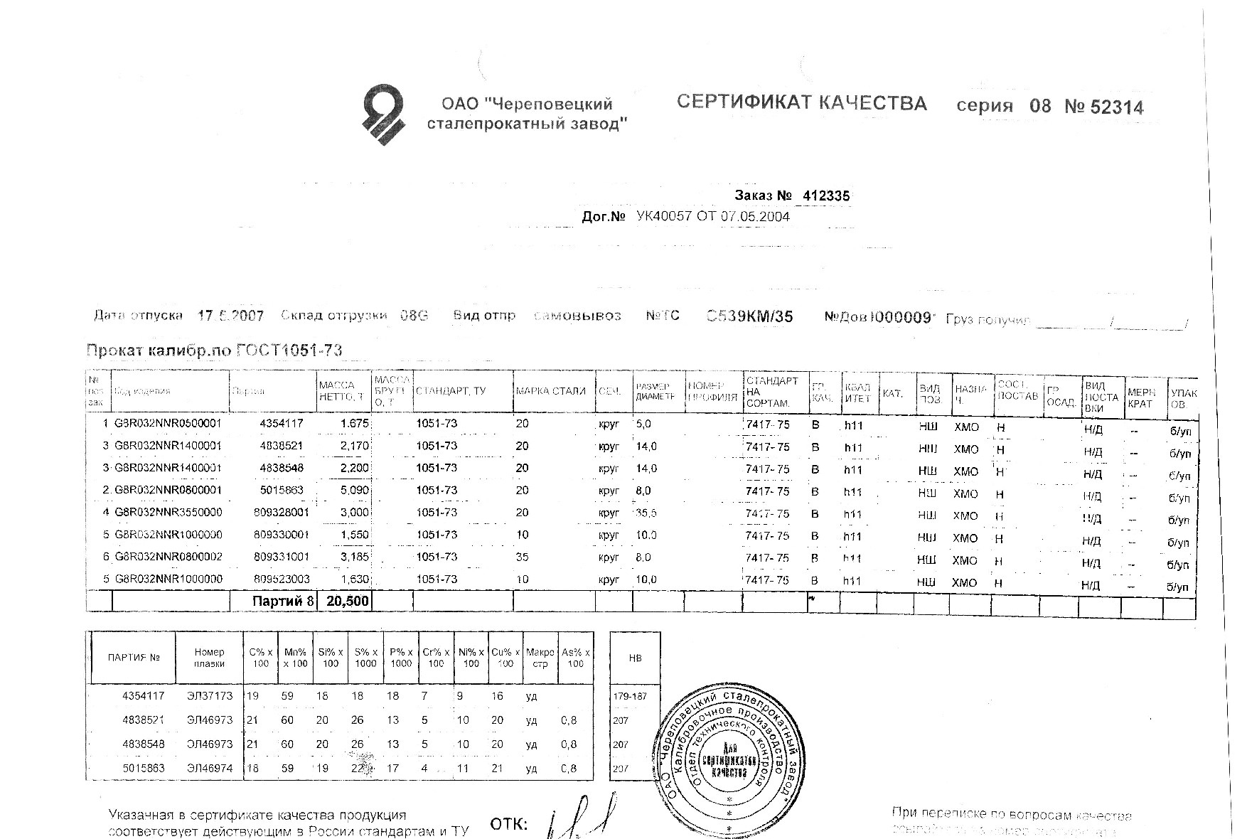 Сертификат на круг конструкционный 10 ст.10 то 2007-05